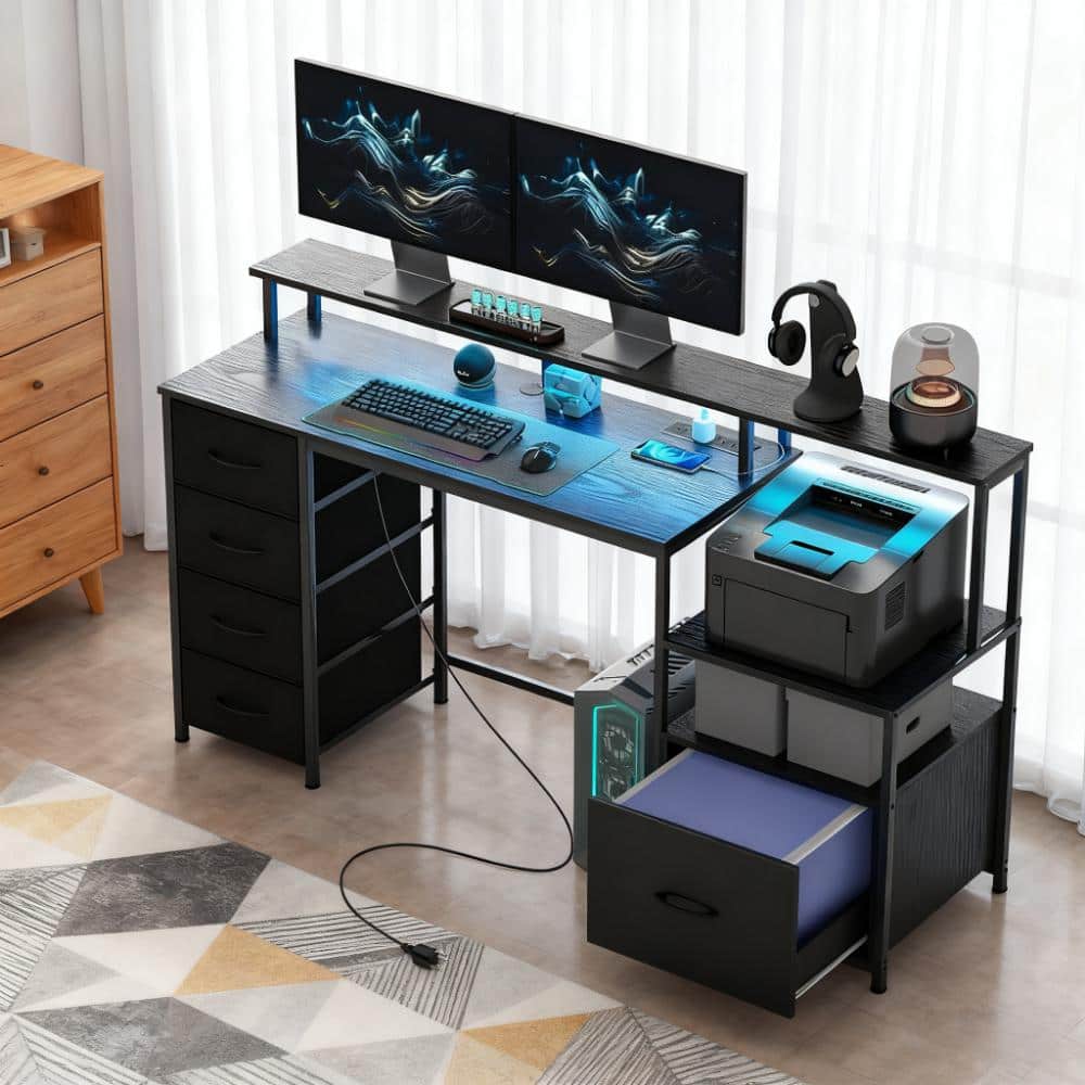Aukfa - Computer Table with File Cabinet and Fabric Drawers,For Home and Office - Black