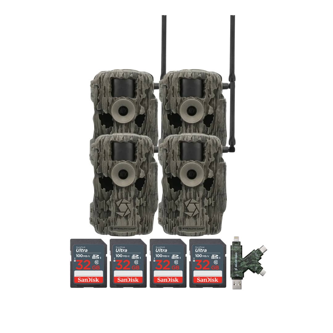 Stealth Cam - (Four) Fusion MAX Dual Sim 36MP Trail Camera with 32GB Memory Cards and Card Reader
