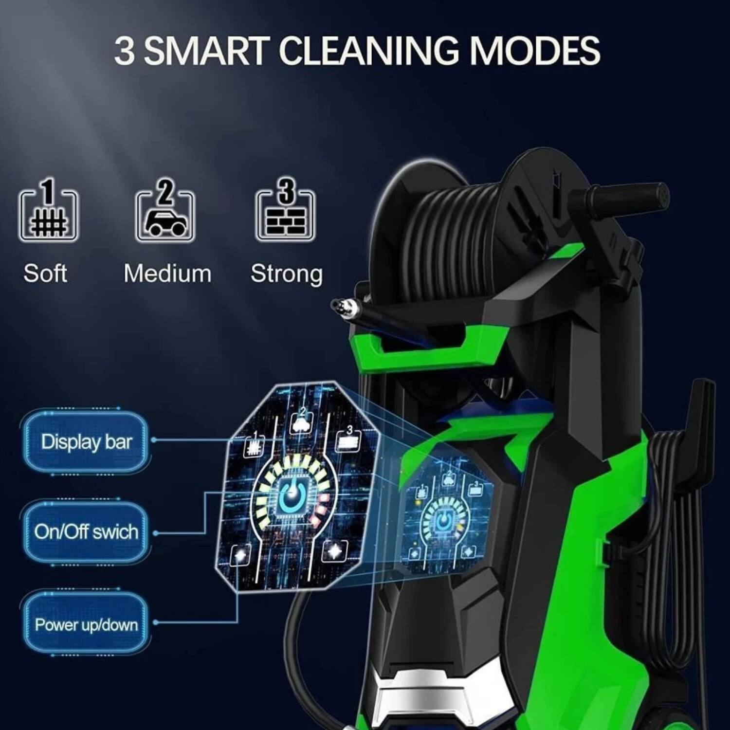 3 SMART CLEANING MODES

1 Soft  
2 Medium  
3 Strong  

Display bar  
On/Off switch  
Power up/down