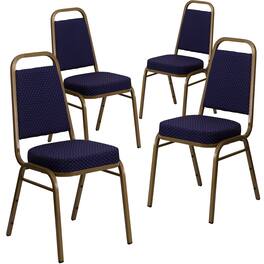 Emma + Oliver - 4 Pack Trapezoidal Back Stacking Banquet Chair - Navy Patterned Fabric/Gold Frame