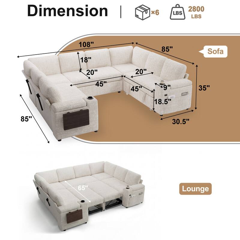 Dimension | x6 2800 LBS  
108" 18" 85" Sofa  
20" 20" 45" 45" 9" 35" 18.5" 30.5" 85"  
65" Lounge