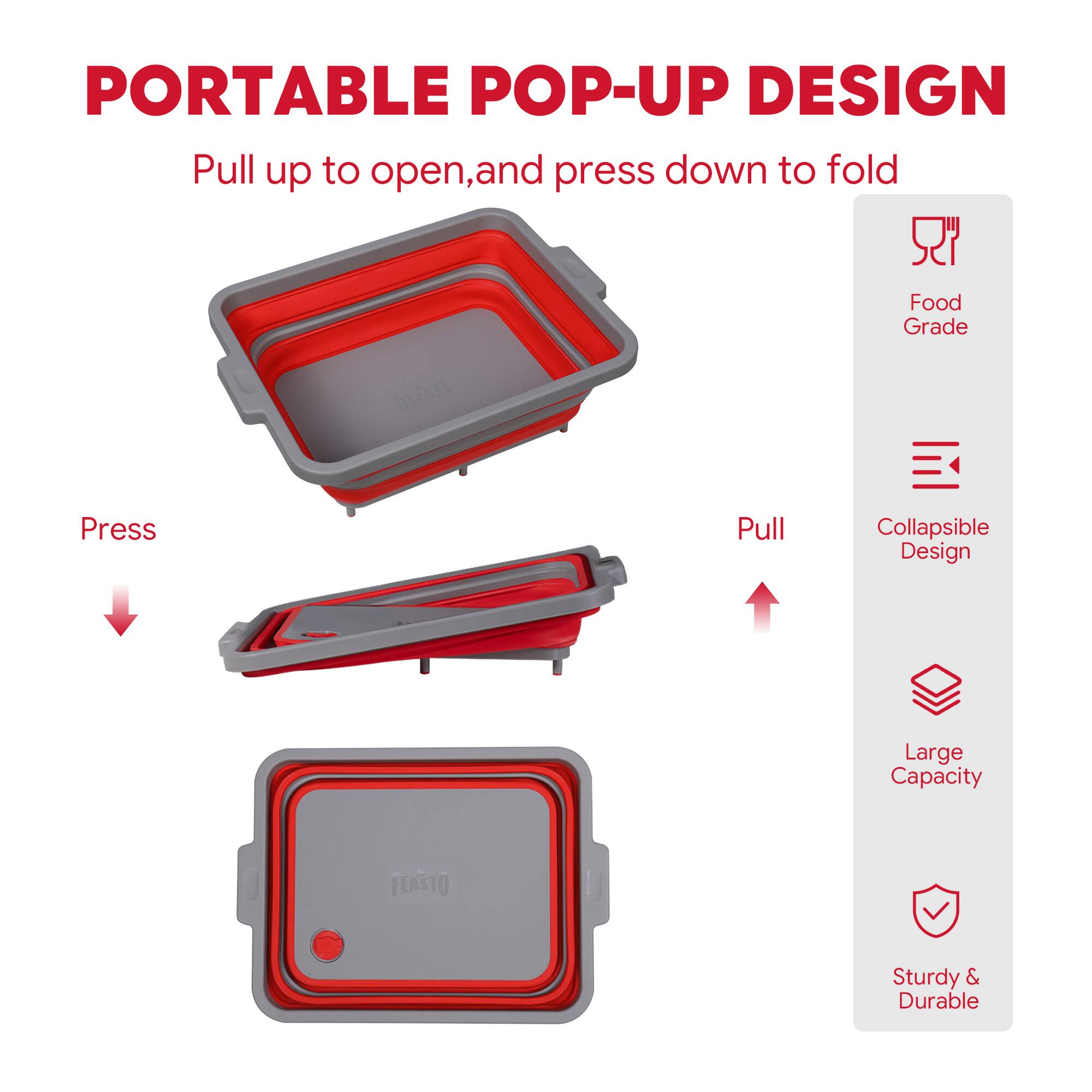 PORTABLE POP-UP DESIGN  
Pull up to open, and press down to fold  

- Food Grade  
- Collapsible Design  
- Large Capacity  
- Sturdy & Durable