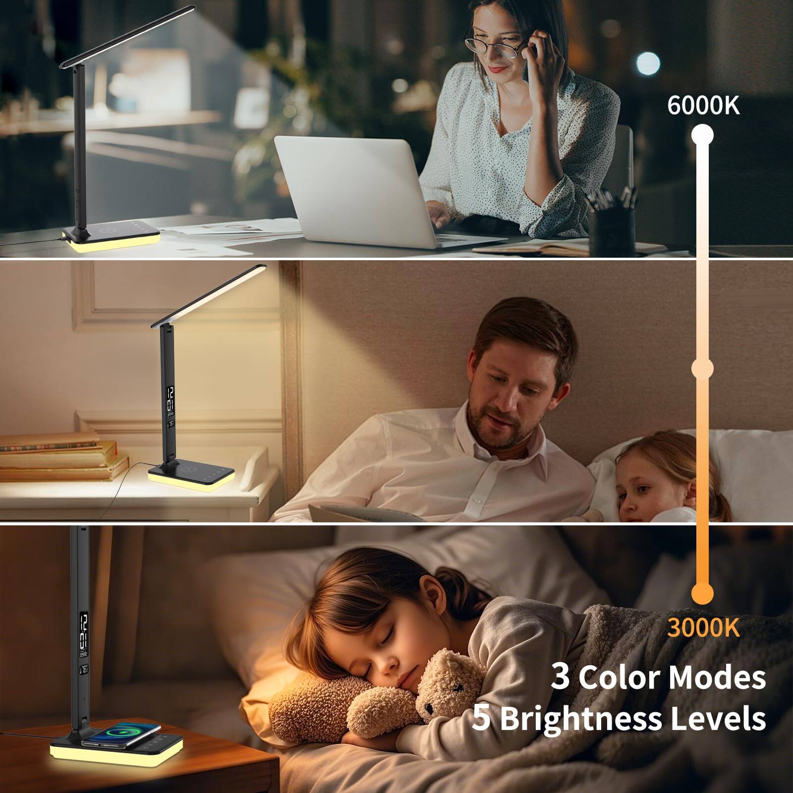 6000K  
3000K  
3 Color Modes  
5 Brightness Levels