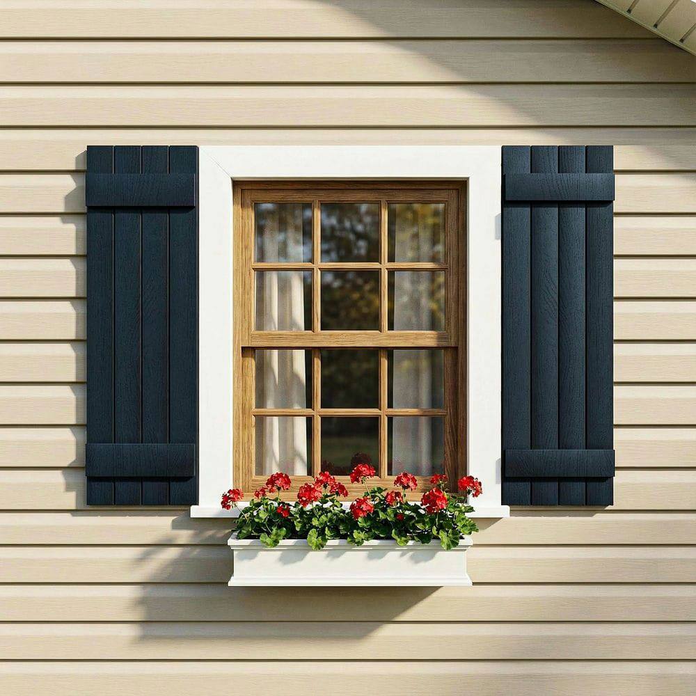 Front. Kadyn - Classic Board & Batten Faux Shutters with 2 Horizontal Bars for Timeless and Durable Exterior Elegance, 14"x31", Blue - Blue.