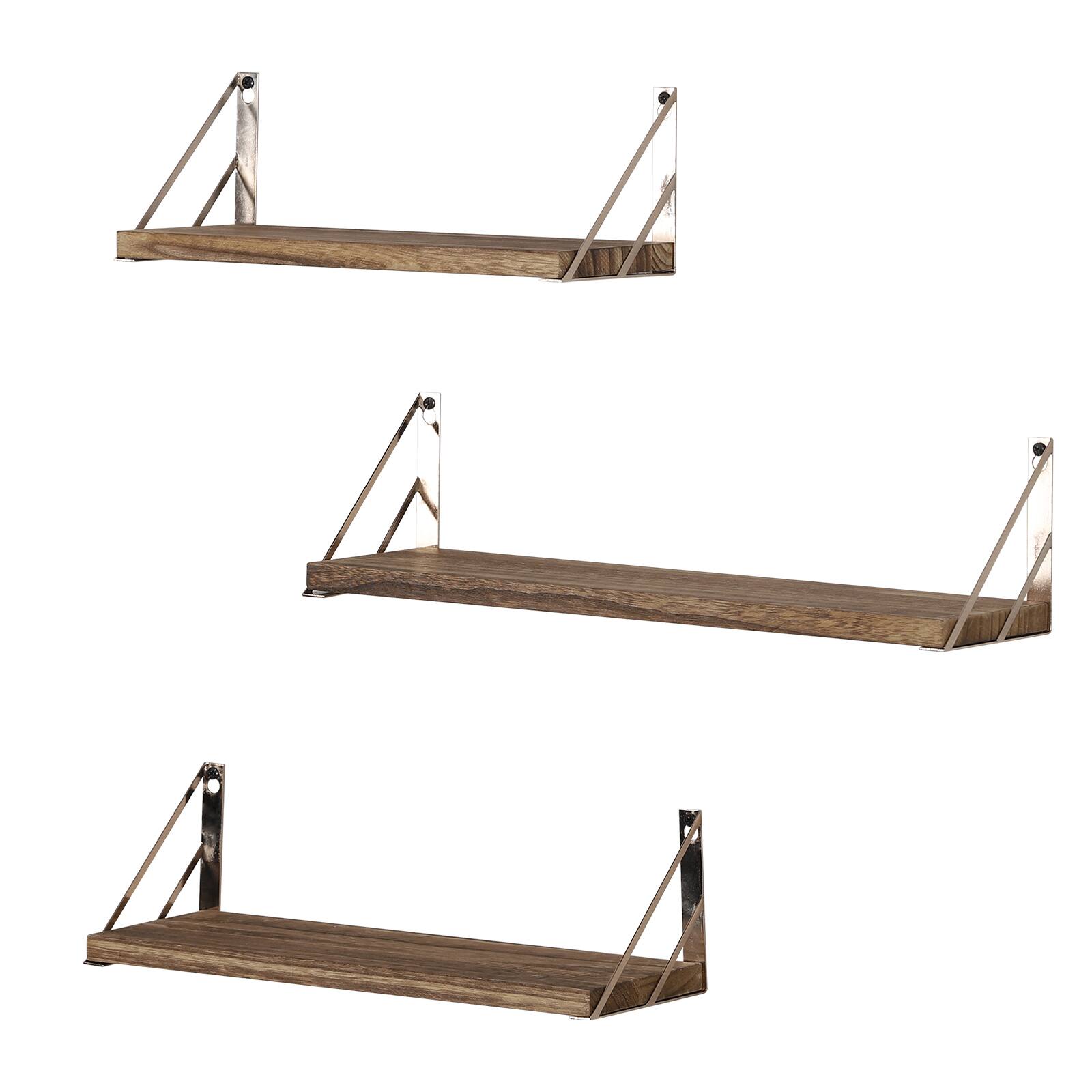 Front. Oumilen - 3 Pack Floating Wall Shelves – Rustic Brown Wood Display Shelf with Gold Metal Triangle Brackets for Bathroom - Rustic Brown.