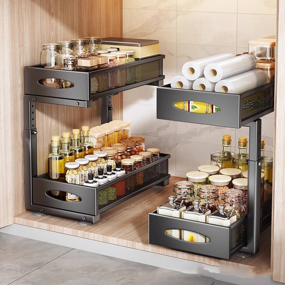 Left. GARVEE - Under Sink Organizer, 2 Tier Slide Out Storage Shelf With Mesh Drawers, Multi-purpose Sliding Cabinet Basket Organizer - Black.