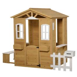 Outsunny - Outdoor Playhouse for Kids Wooden Cottage with Working Doors Windows & Mailbox, Pretend Play House for Age 3-6 Years