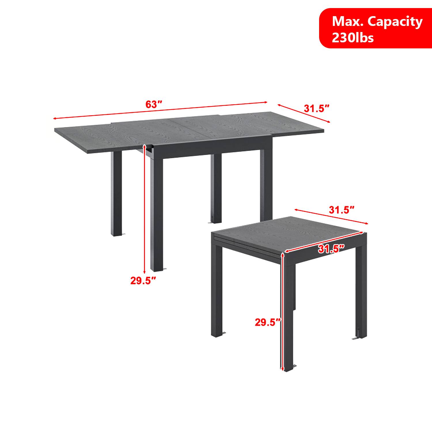 Max. Capacity 230lbs  
63"  
31.5"  
31.5"  
31.5"  
29.5"  
29.5"