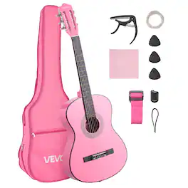 VEVOR - 38-Inch Classical Guitar Starter Kit, Wooden Acoustic Guitar with Nylon Strings, Gig Bag, Strap, Tuner, Extra Strings - Pink