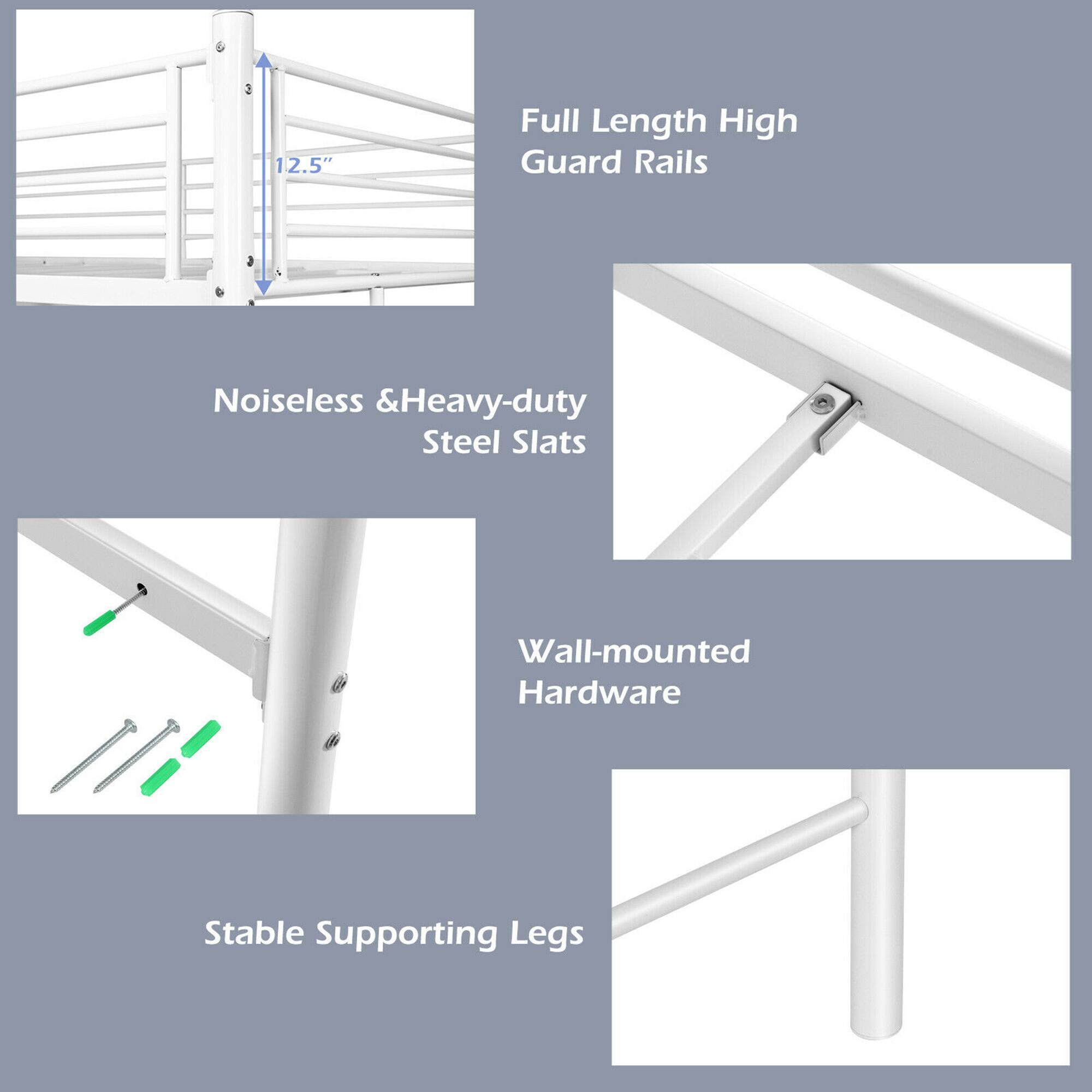 The image features a metal railing with various descriptions and measurements. The railing is described as having a full length of 12.5 inches and being made of high-quality guard rails. The railing is also made of noiseless and heavy-duty steel slats, ensuring durability and stability. The railing is wall-mounted, and the hardware is designed for a stable supporting structure.