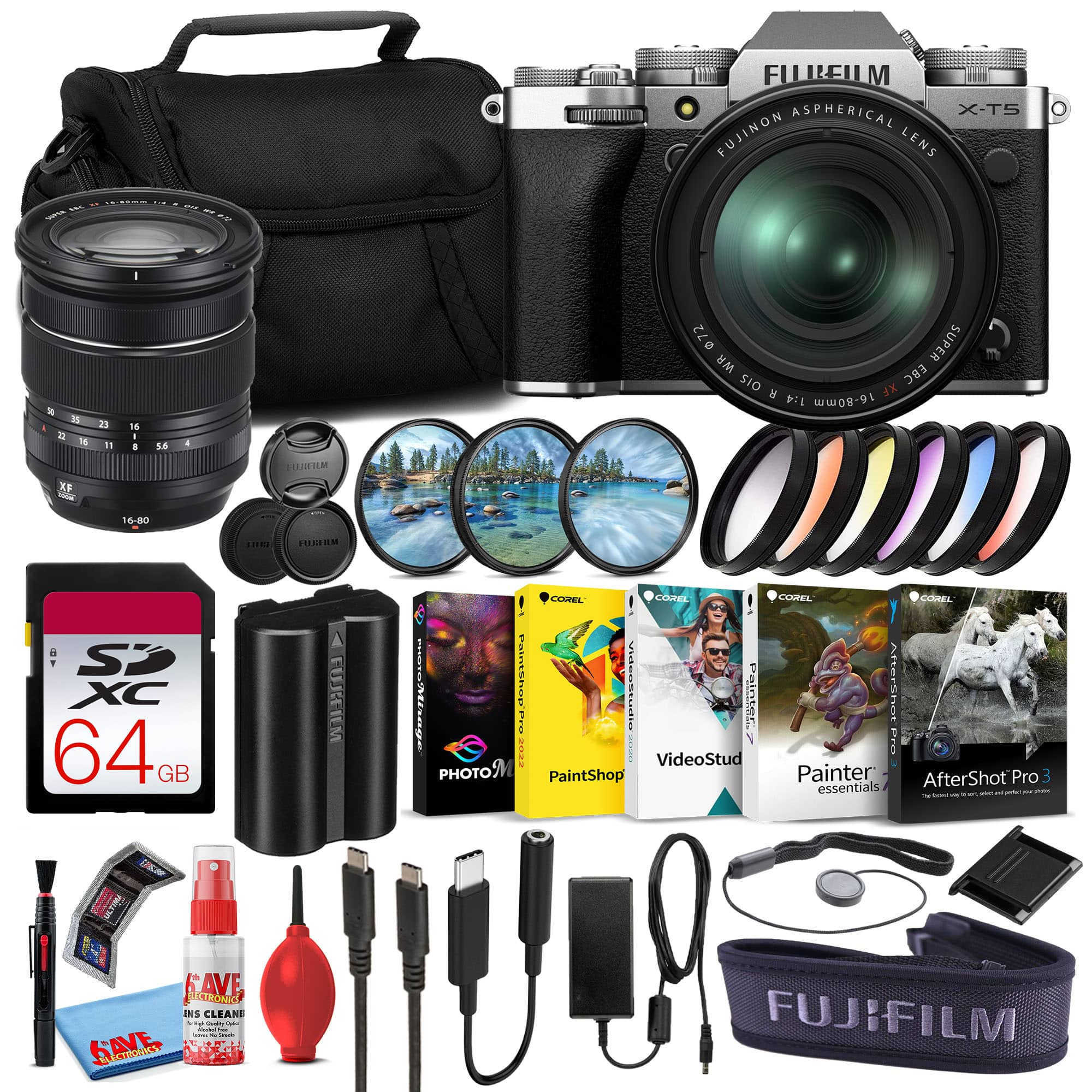 Fujifilm - X-T5 Mirrorless Camera with 16-80mm Lens (Silver) Sony 64GB Card Bundle
