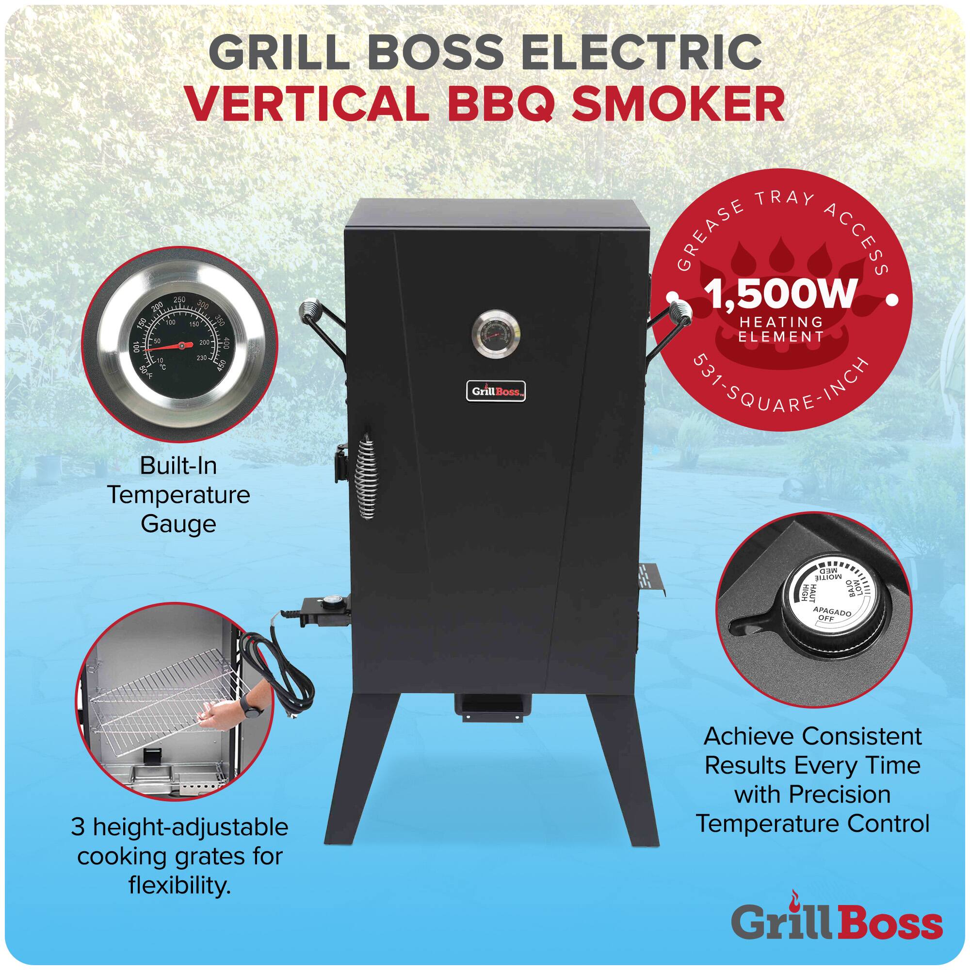 GRILL BOSS ELECTRIC VERTICAL BBQ SMOKER

- Built-In Temperature Gauge
- 1,500W HEATING ELEMENT
- GREASE TRAY ACCESS
- 531 SQUARE-INCH
- 3 height-adjustable cooking grates for flexibility
- Achieve Consistent Results Every Time with Precision Temperature Control