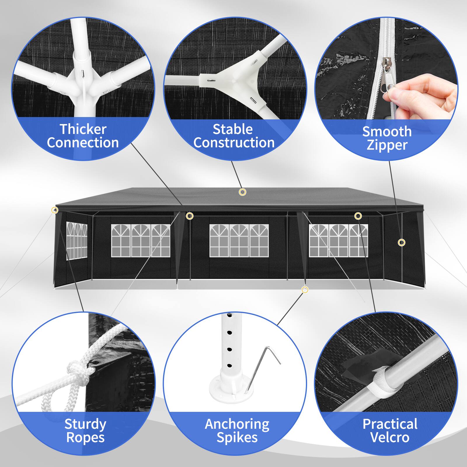 Thicker Connection  
Stable Construction  
Smooth Zipper  
Sturdy Ropes  
Anchoring Spikes  
Practical Velcro