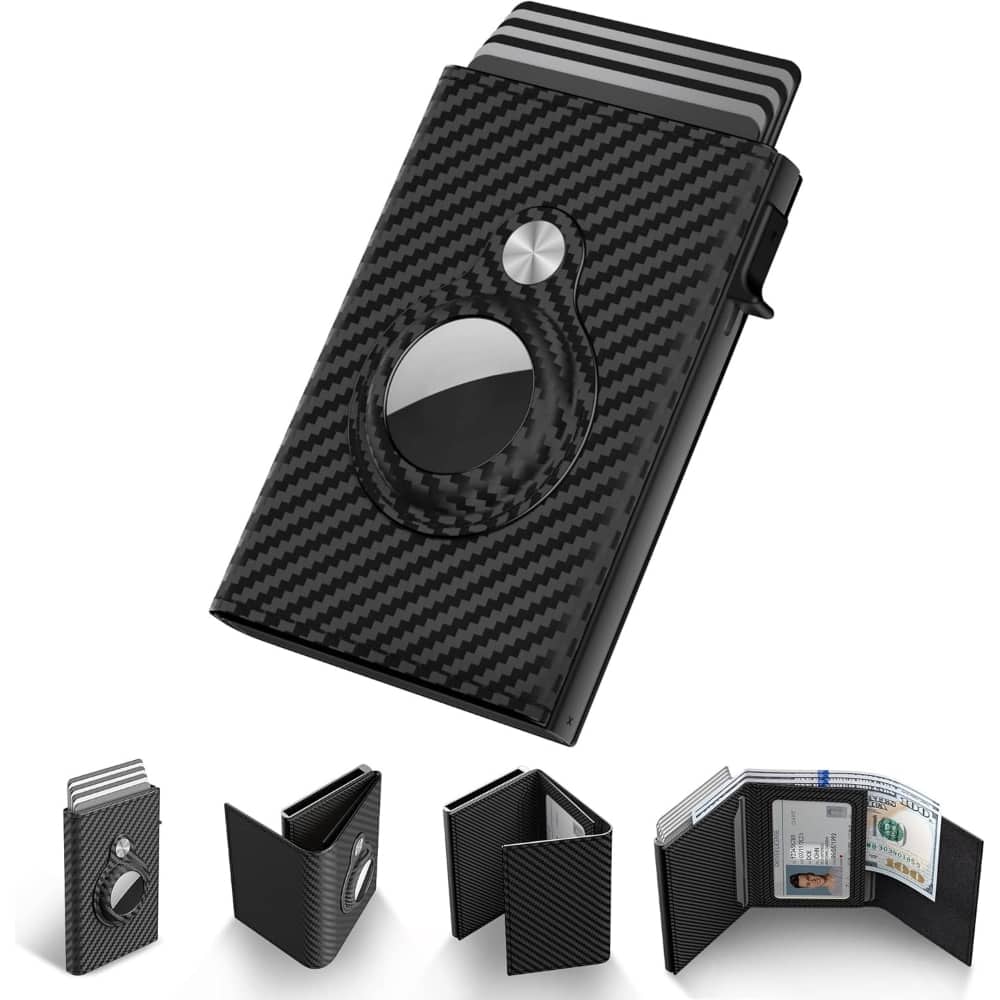 ZUQIETA - Smart Wallet for AirTag - RFID Leather Card Holder with ID Window & Cash Slot (Black) - Carbon Fiber Black