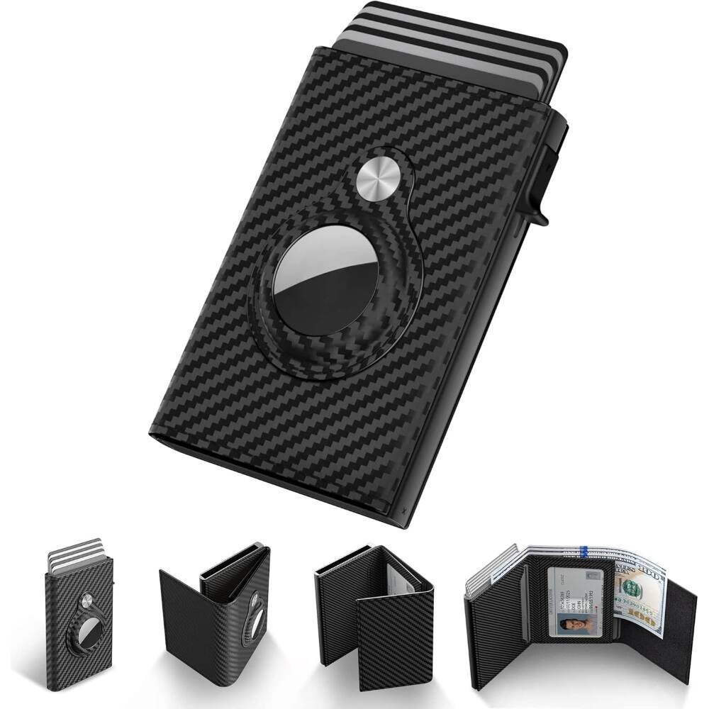 Front. ZUQIETA - ZUQIETA Smart Wallet for AirTag - RFID Leather Card Holder with ID Window & Cash Slot (Black) - Carbon Fiber Black.