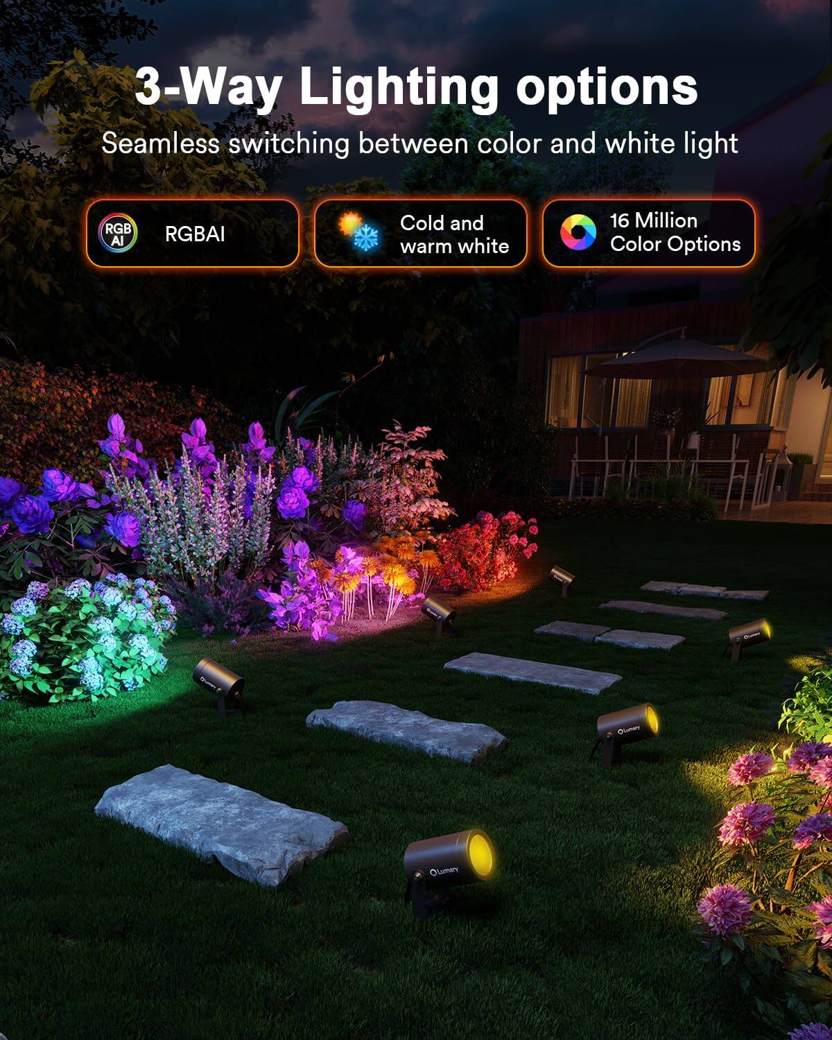 3-Way Lighting options  
Seamless switching between color and white light  
RGB AI  
Cold and warm white  
16 Million Color Options