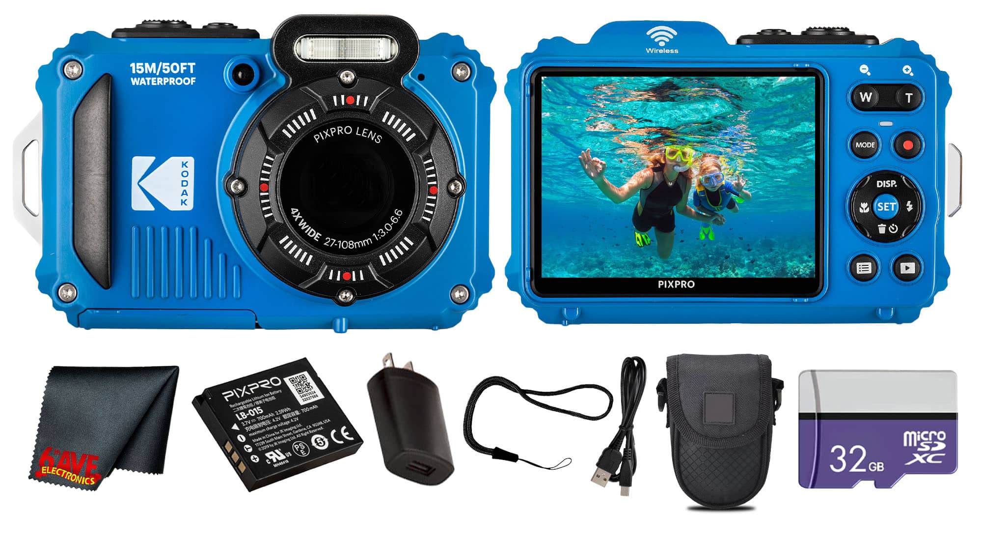 Kodak - PIXPRO WPZ2 Digital Camera (WPZ2BL) + 32GB Card + Case + Cleaning Cloth - Blue