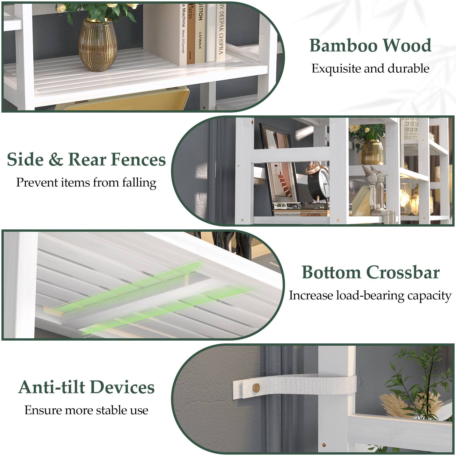 - Side & Rear Fences: Prevent items from falling
- Bamboo Wood: Exquisite and durable
- Bottom Crossbar: Increase load-bearing capacity
- Anti-tilt Devices: Ensure more stable use