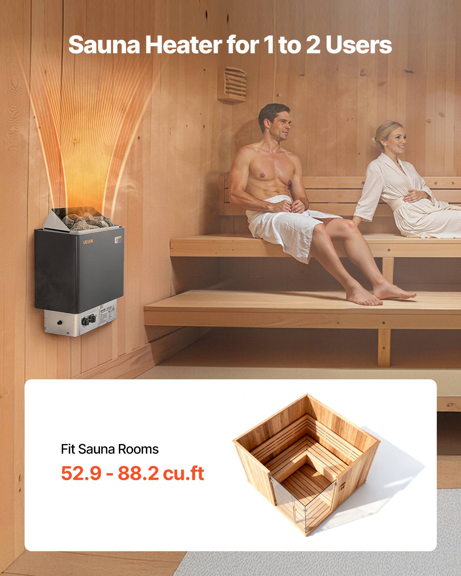 Sauna Heater for 1 to 2 Users

VEVOR

Fit Sauna Rooms 52.9 - 88.2 cu.ft