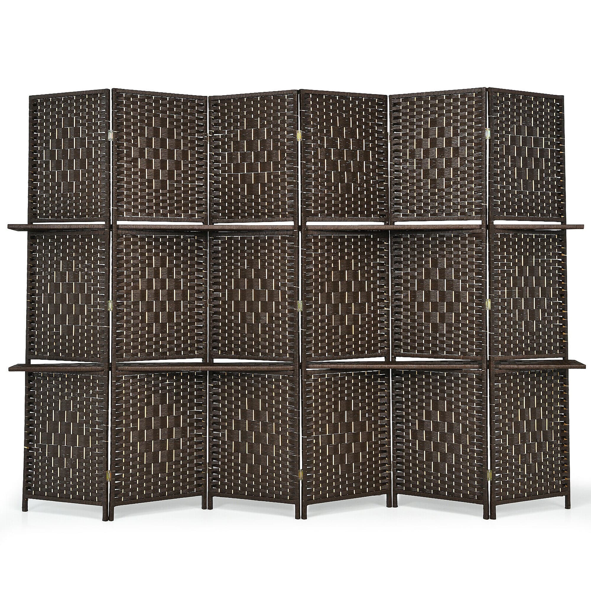 Costway - 6 Panel Folding Room Divider 6Ft Weave Fiber Screen W/ 2 Display Shelves - Brown