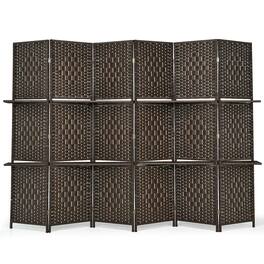 Costway - 6 Panel Folding Room Divider 6Ft Weave Fiber Screen W/ 2 Display Shelves - Brown