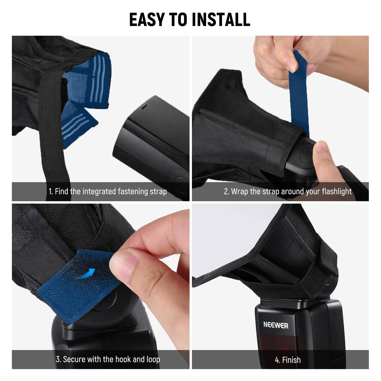 EASY TO INSTALL

1. Find the integrated fastening strap
2. Wrap the strap around your flashlight
3. Secure with the hook and loop
4. Finish