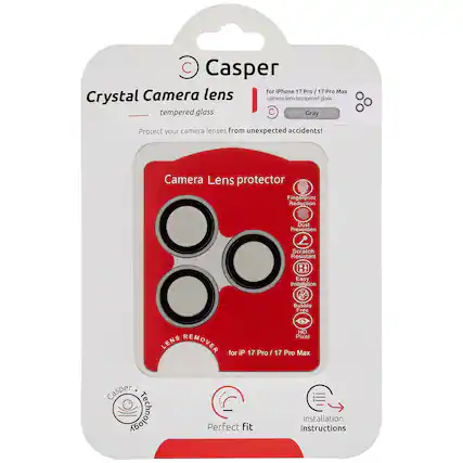 Casper
Crystal Camera lens
tempered glass
Protect your camera lenses from unexpected accidents!
For iPhone 17 Pro / 17 Pro Max
camera lens tempered glass
Gray
Camera Lens protector
Fingerprint Reduction
Dust Prevention
Scratch Resistant
Easy Installation
Bubble Free
HD Pixel
Perfect fit
Installation instructions
Lens Remover
for iPhone 17 Pro / 17 Pro Max
Casper Technology