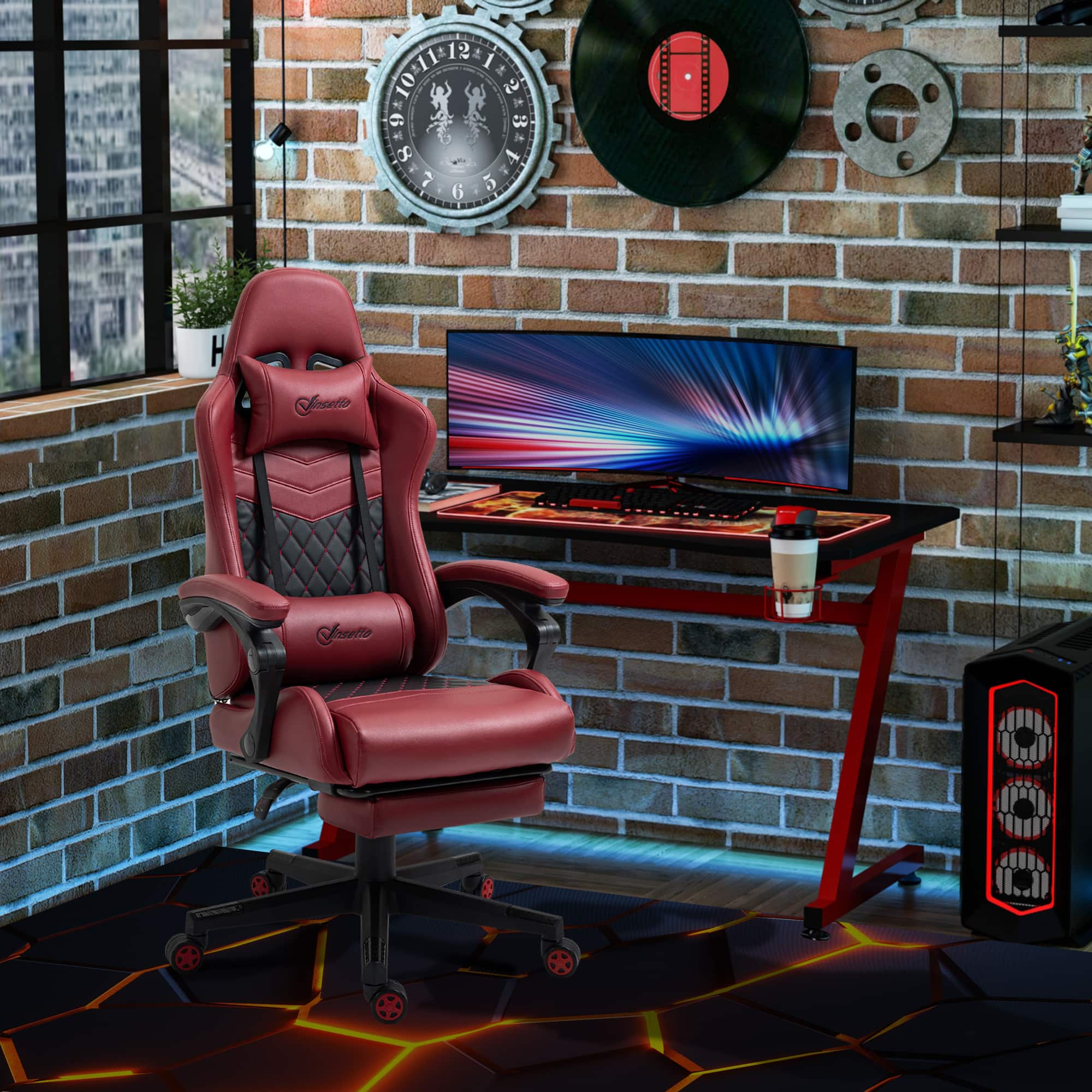 Siljoy - Gaming Chair with Footrest & Lumbar Support - High Back Ergonomic Computer Chair Adjustable to 130° - Red