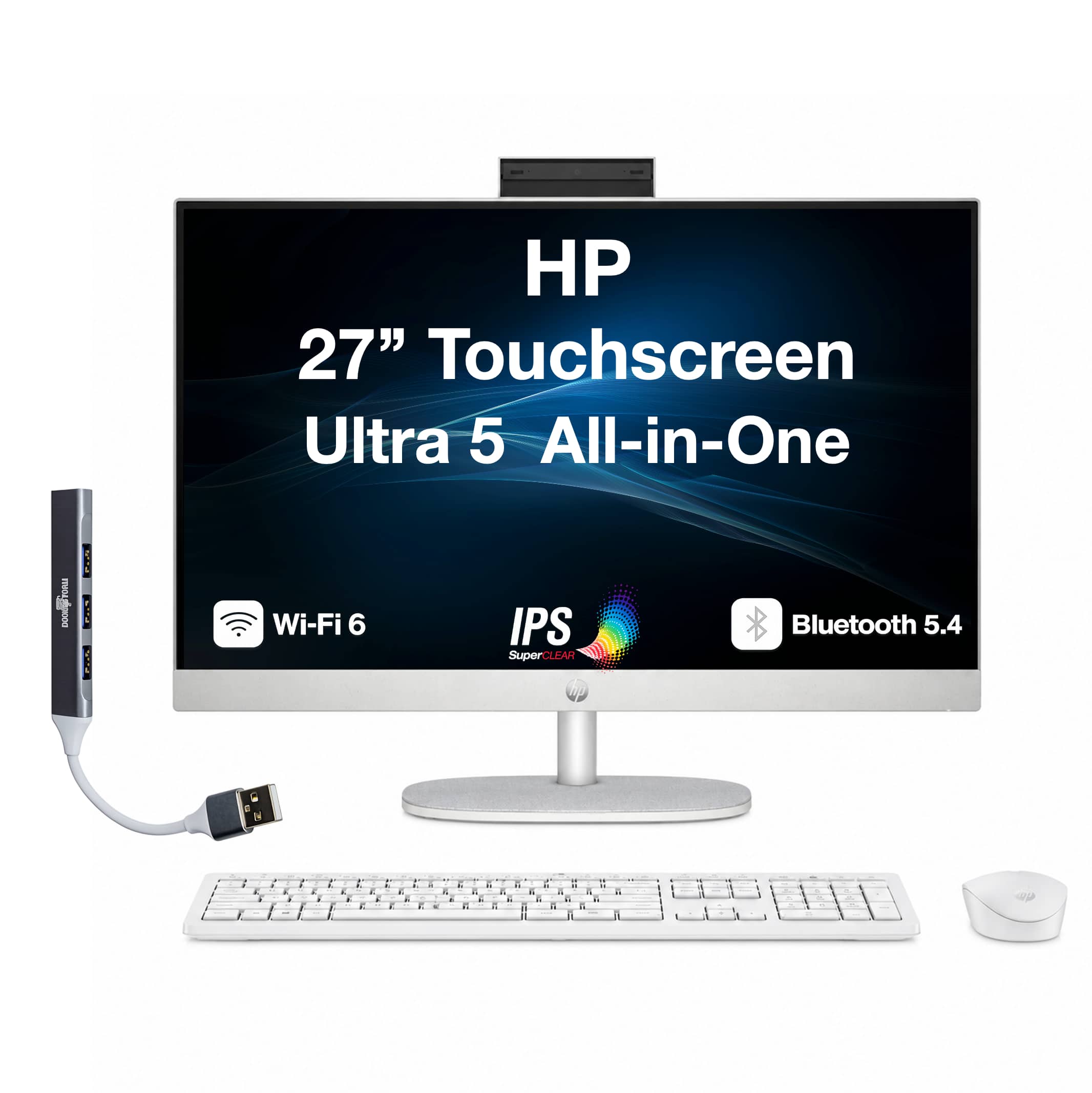 HP - 27 All-in-One 27 FHD Display (Ultra 5-225U, 8GB, 512GB SSD, Intel Graphics, WiFi 6, Webcam, Win 11 Home) w/USB Hub - Shell White