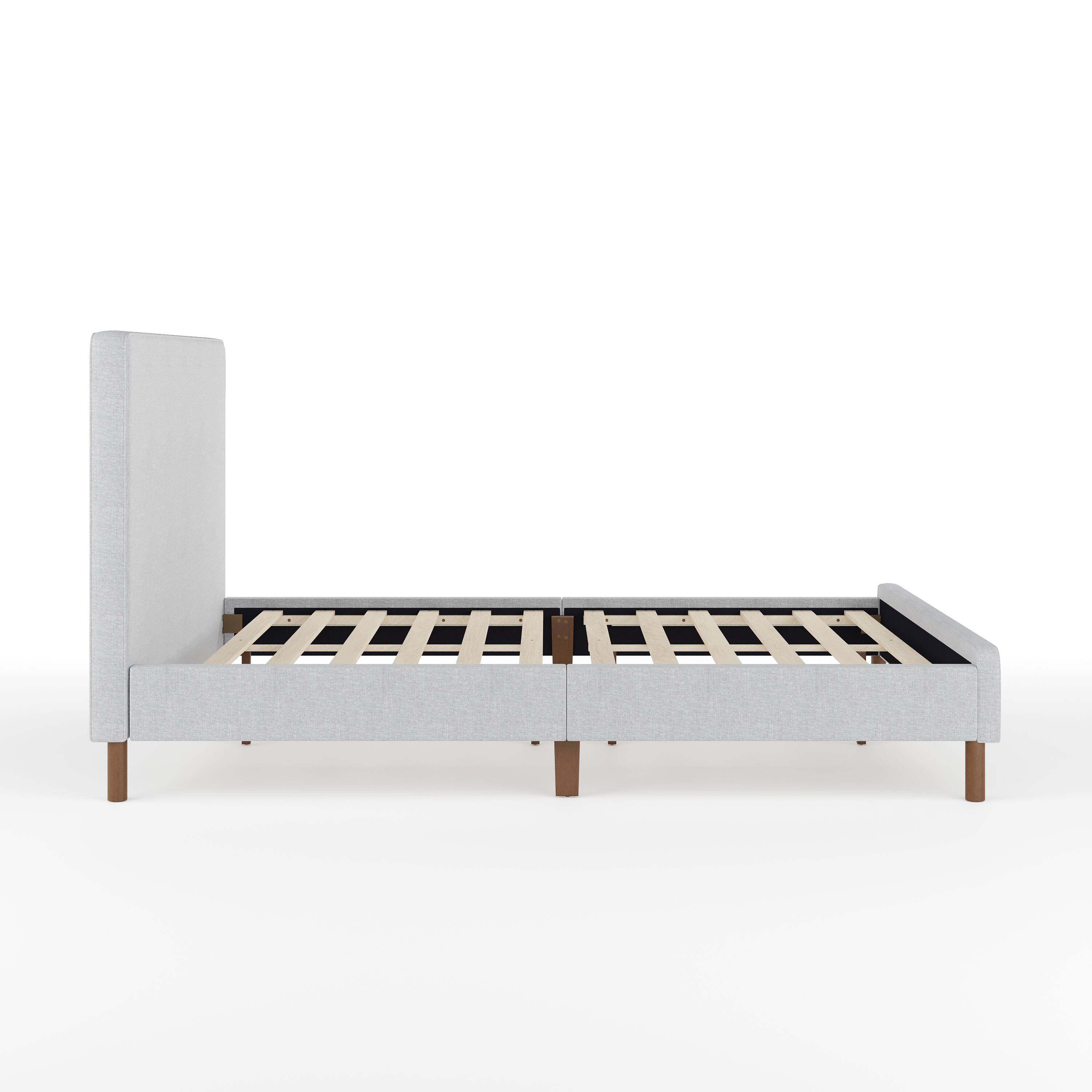 Alt View 17. Martha Stewart - Britta Faux Linen Upholstered Full Size Platform Bed with Piped Headboard - Gray Fabric/Walnut Legs.