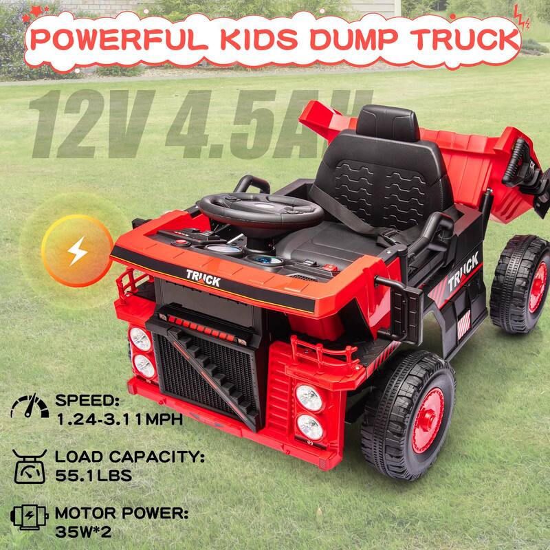 Sure, here is the corrected and grouped text from the image:

---

**POWERFUL KIDS DUMP TRUCK**

- **12V 4.5A**

- **SPEED:** 1.24-3.11 MPH

- **LOAD CAPACITY:** 55.1 LBS

- **MOTOR POWER:** 35W*2

---