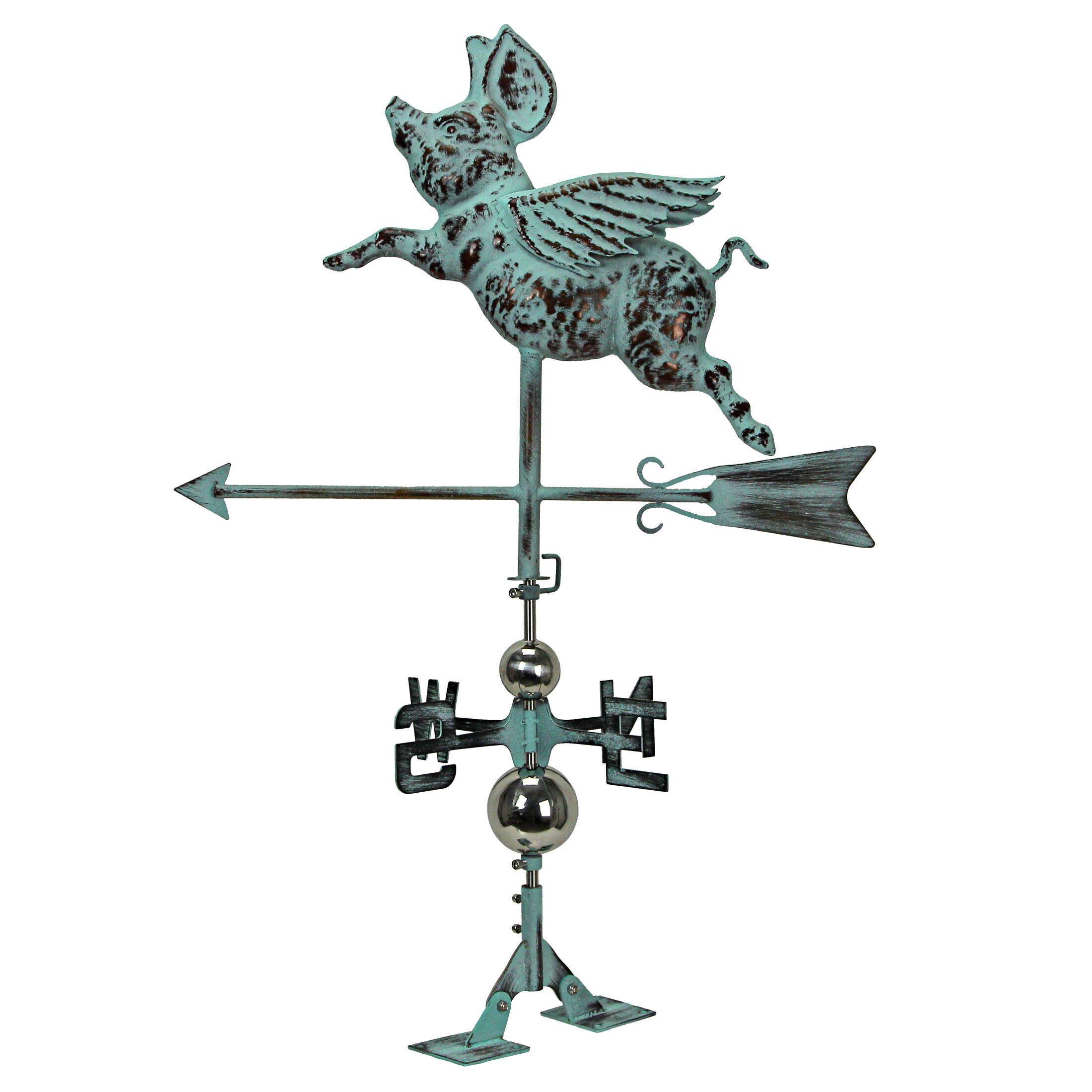 Alt View 1. Things2Die4 - Verdigris Copper Flying Pig Weathervane Roof Mount Home Garden Decor Art Sculpture - Teal.