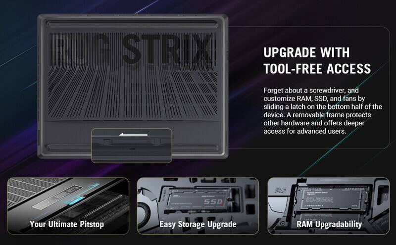 RUG STRIX UPGRADE WITH TOOL-FREE ACCESS

Forget about a screwdriver, and customize RAM, SSD, and fans by sliding a latch on the bottom half of the device. A removable frame protects other hardware and offers deeper access for advanced users.

SSD 30-068036

Your Ultimate Pitstop

Easy Storage Upgrade

RAM Upgradability