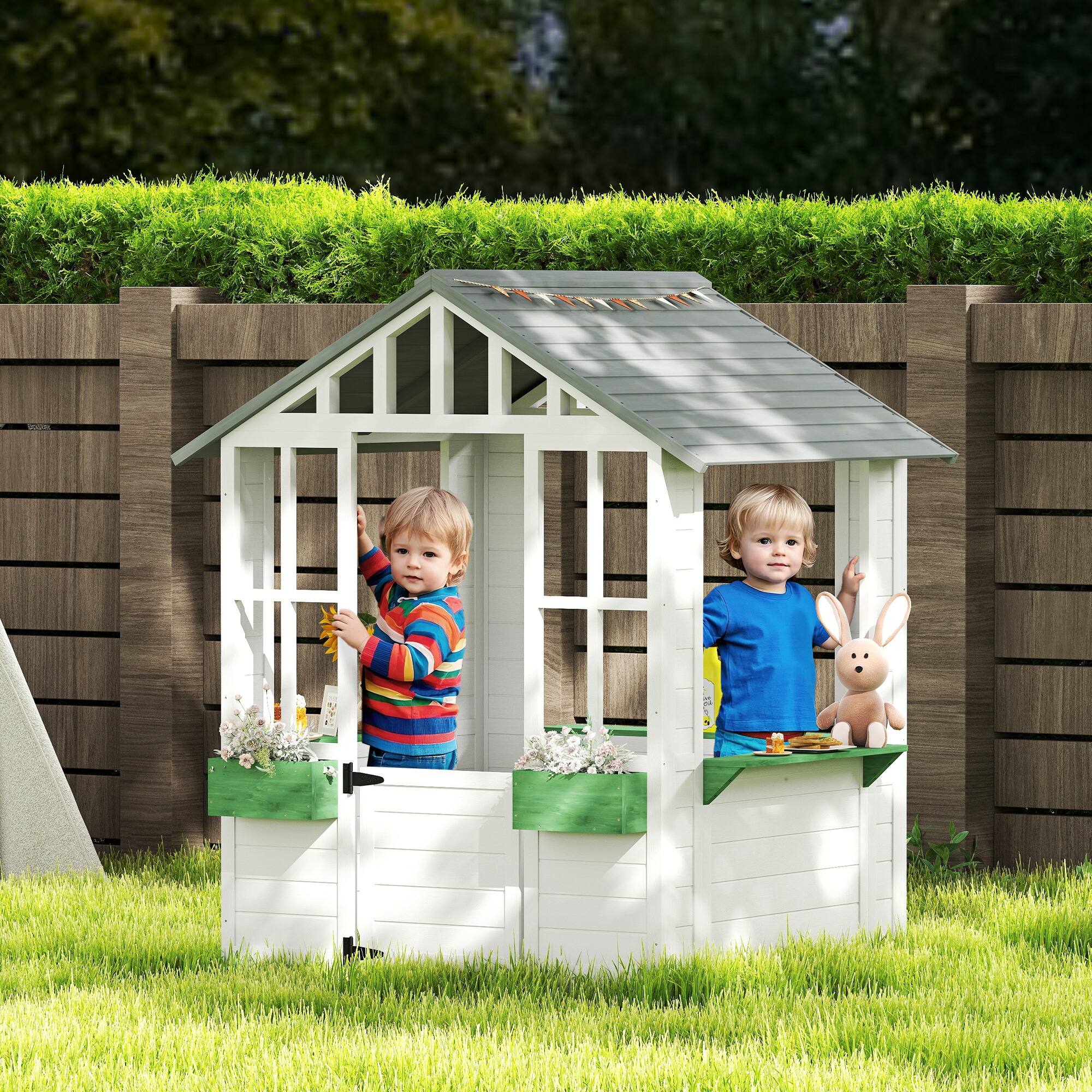 Angle. Outsunny - Kids Wooden Playhouse, Outdoor Garden Games Cottage, Working Door, Windows, Flowers Pot Holder, 47" x 38" x 54".