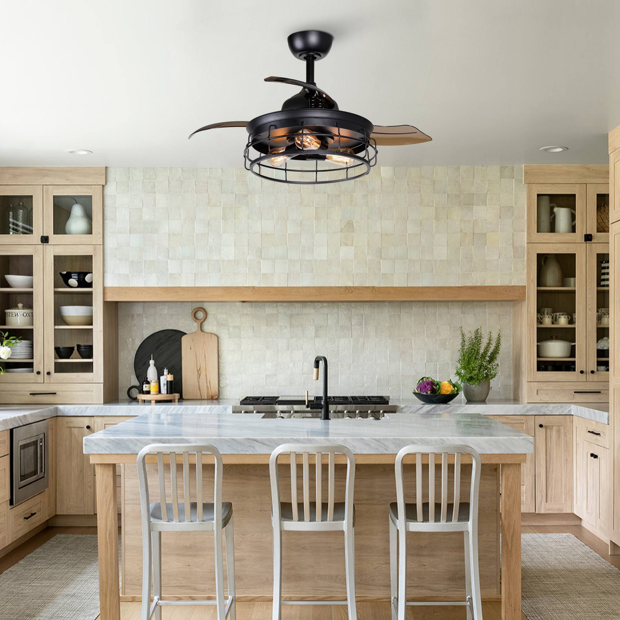 Back. Parrot Uncle - 36" Industrial Black 3-blade Ceiling Fan with Remote - Matte Black.