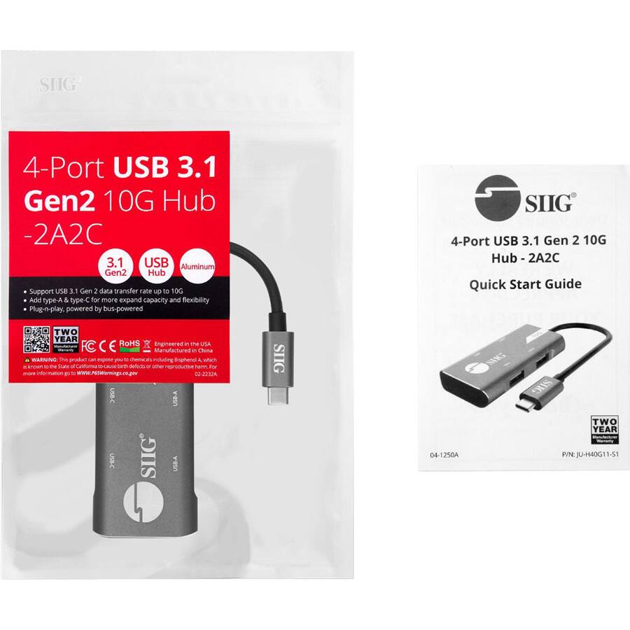 **SIIG 4-Port USB 3.1 Gen2 10G Hub - 2A2C**

- Support USB 3.1 Gen 2 data transfer rate up to 10G
- Add type-A & type-C for more expand capacity and flexibility
- Plug-n-play, powered by bus-powered

**Features:**
- USB 3.1
- Aluminum Hub

**Certifications:**
- TWO YEAR Warranty
- FC
- CE
- RoHS

**Warning:**
- This product can expose you to chemicals including Bisphenol A, which is known to the State of California to cause birth defects or other reproductive harm. For more information go to www.P6SWarnings.ca.gov

**Engineered in the USA, Manufactured in China**

**Quick Start Guide:**
- 4-Port USB 3.1 Gen 2 10G Hub - 2A2C
- P/N: JU-H40611-S1

**Product Details:**
- P/N: 04-1250A
- USB-A
- USB-C

**PIN: JU-H40611-S1**