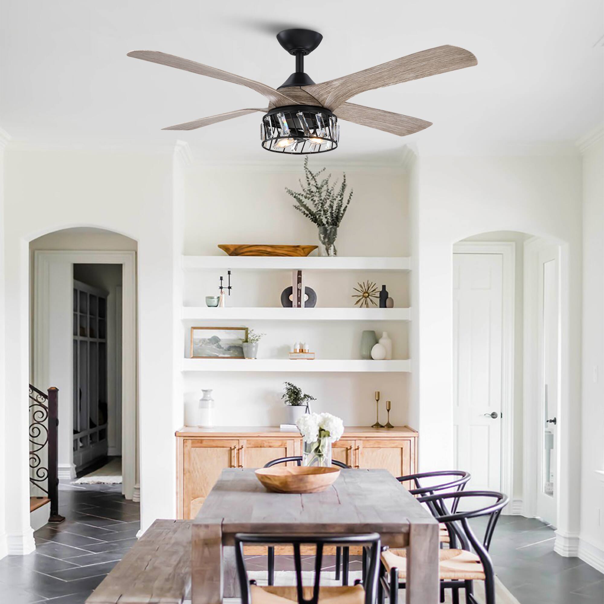 Angle. Parrot Uncle - 52" Farmhouse ABS 4-Blade Indoor Crystal Ceiling Fan with Remote - Black.