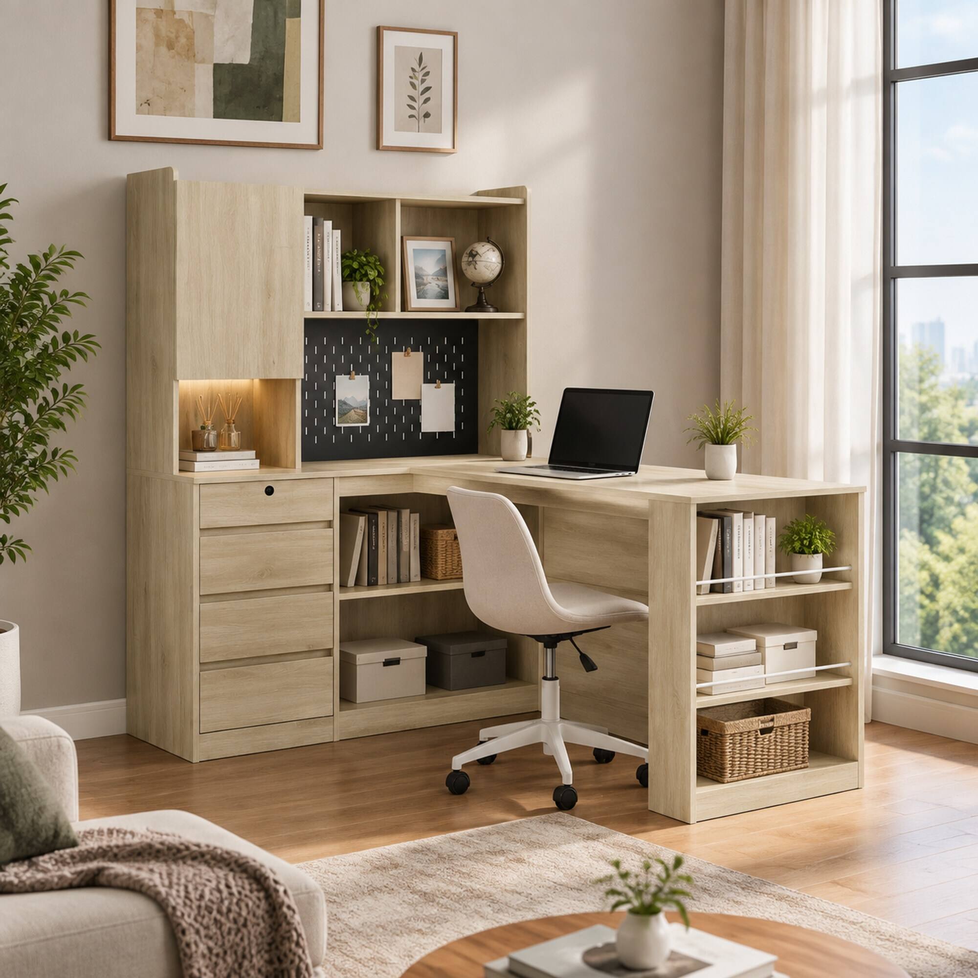 Back. RYHNUYNE - L-Shaped Corner Desk, White Finish, Built-In Charging Ports, LED Light, Storage Shelves, Modern Home Office Workstation - Wood.