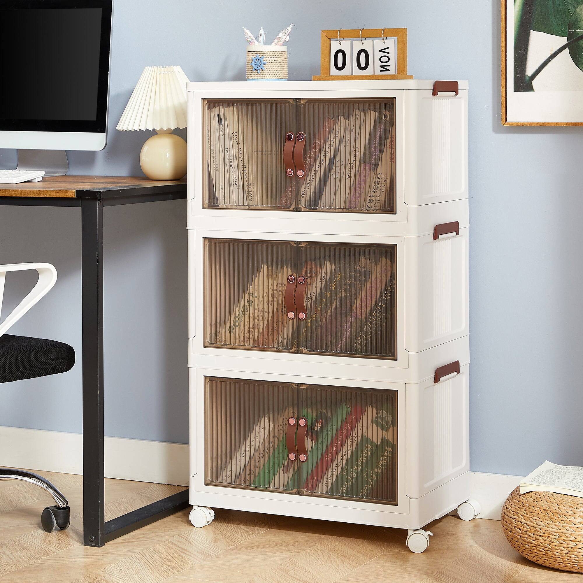 Alt View 1. Vecelo - 20 Gal Stackable Storage Bins with Lid, 3 Pack Plastic Collapsible Storage Cabinet,Storage Container Cart - White.