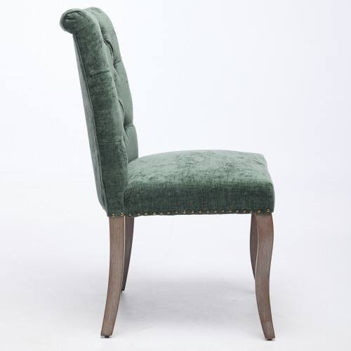 Back. LUCKY ONE - Assembled Tufted Chenille Dining Chair Set of 2 with Curved Solid Wood Legs Club Style - Olive Green.