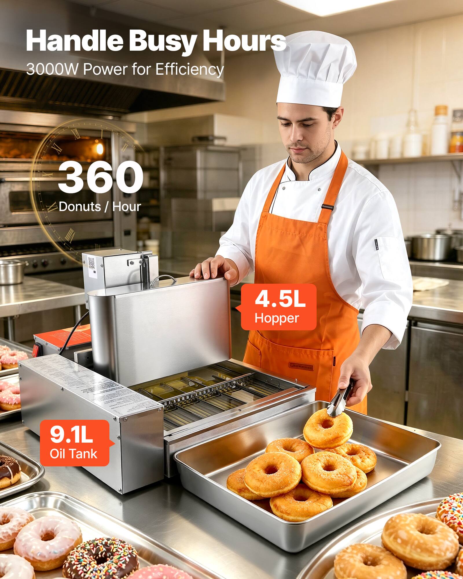 Handle Busy Hours  
3000W Power for Efficiency  
360 Donuts / Hour  
4.5L Hopper  
9.1L Oil Tank