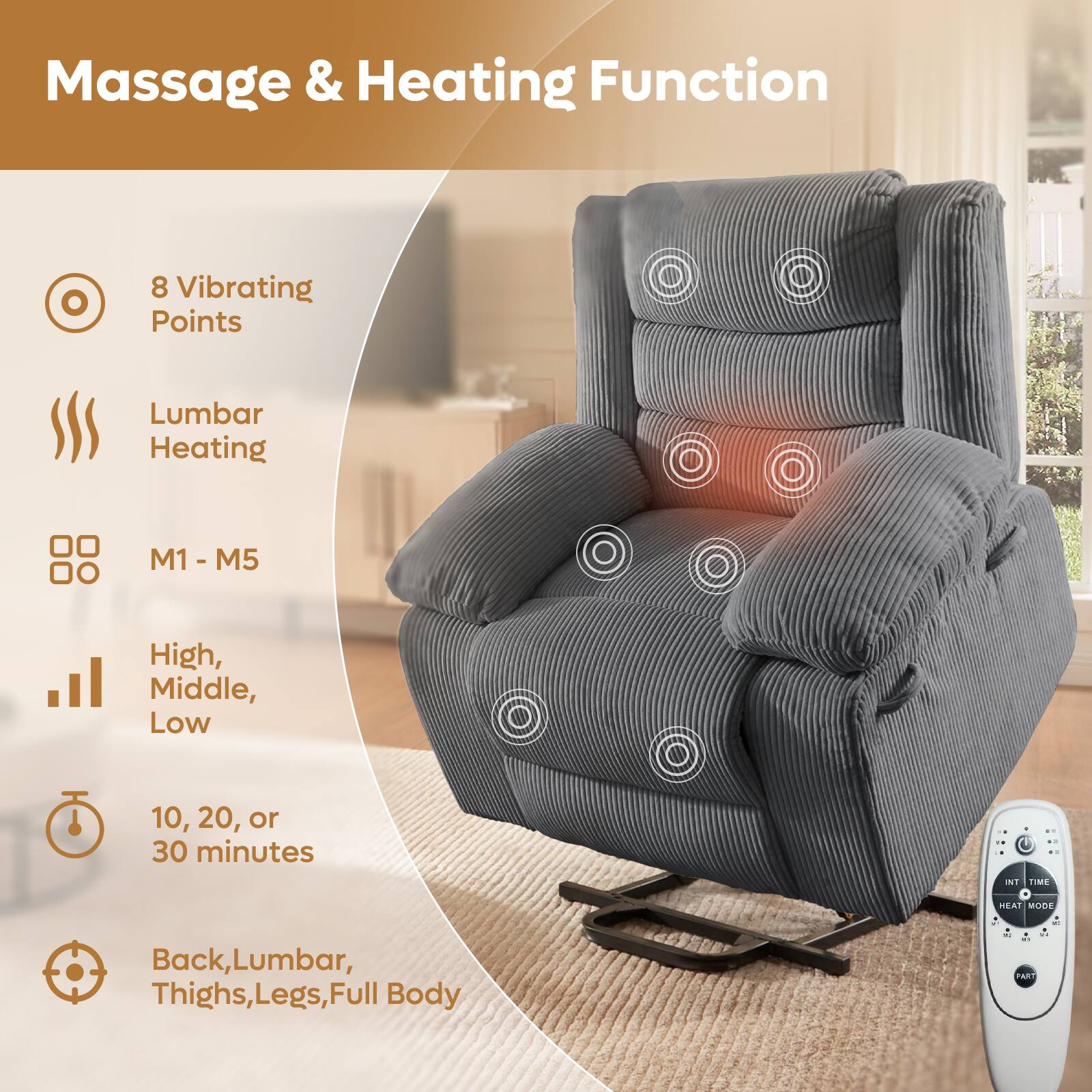 Massage & Heating Function:

* 8 Vibrating Points
* Lumbar Heating
* M1 - M5
* M1: High, Middle, Low
* 10, 20, or 30 minutes
* 1 Fret MEAT MODE
* Back, Lumbar, Thighs, Legs, Full Body