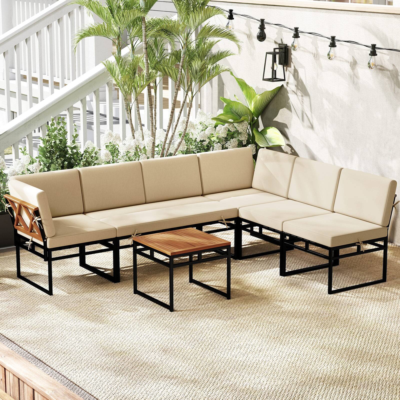 Alt View 4. Costway - Costway 6 PCS Outdoor Sectional Sofa Set Metal Conversation Set with Bungee Rope Seat - Beige.
