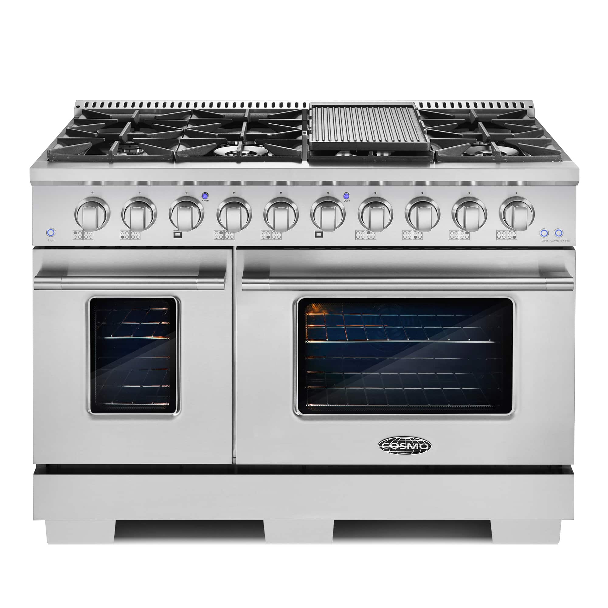 COSMO - COS-GRP486G 48 in. Vista Collection 5.5 cu. ft. Double Oven Gas Range, 8 Burners, LED Panel, Cast Iron Grates - Stainless Steel