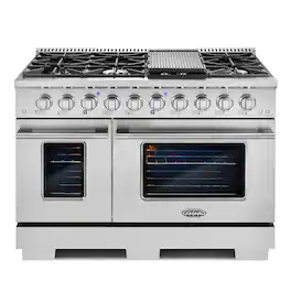 COSMO - COS-GRP486G 48 in. Vista Collection 6.6 cu. ft. Double Oven Gas Range, 8 Burners, LED Panel, Cast Iron Grates - Stainless Steel