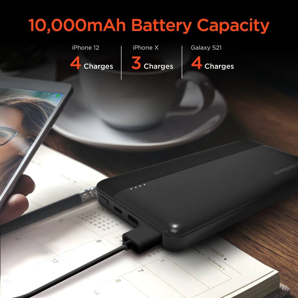 10,000mAh Battery Capacity

iPhone 12: 4 Charges  
iPhone X: 3 Charges  
Galaxy S21: 4 Charges  

HYPERGEA  
12 20  
13  
Z B 9 2% 15 17 S 30 2 31 27 6 8 14  
7  
5 12 1  

Saturday SEPTEMBER Su/Sunday