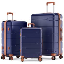 Sugift - 3 Piece Hardshell Luggage Sets Checked Spinner PC & ABS Luggage Set with YKK Zipper and TSA Lock - Blue