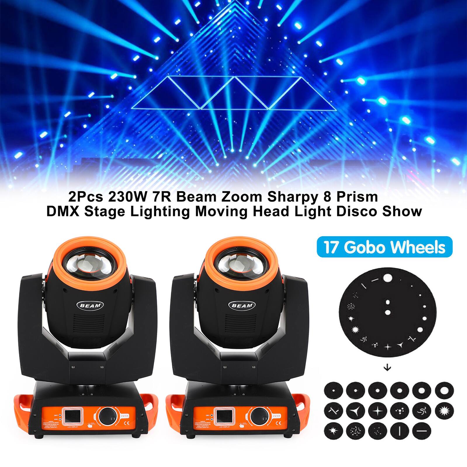 2Pcs 230W 7R Beam Zoom Sharpy 8 Prism DMX Stage Lighting Moving Head Light Disco Show 17 Gobo Wheels