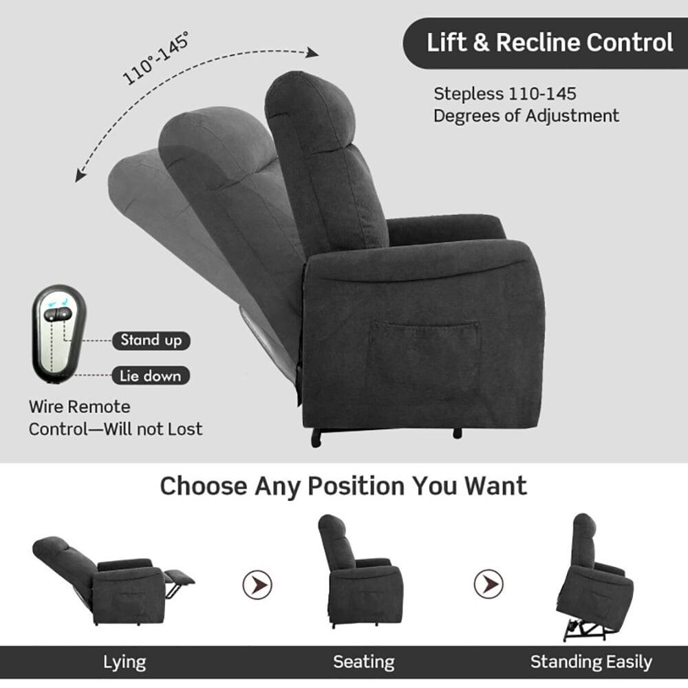 Lift & Recline Control  
Stepless 110-145 Degrees of Adjustment  

Wire Remote Control—Will not Lost  

Choose Any Position You Want  
Lying  
Seating  
Standing Easily