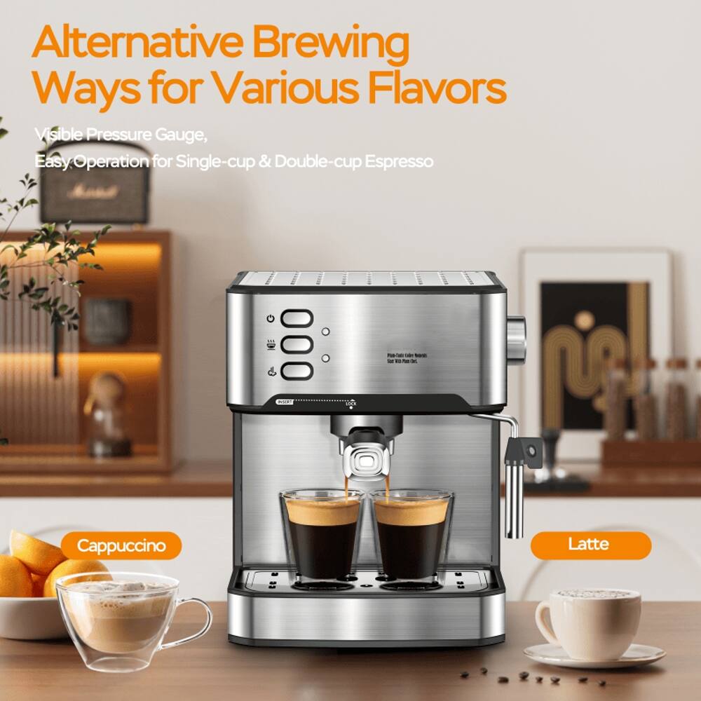 Alternative Brewing Ways for Various Flavors  
Visible Pressure Gauge, Easy Operation for Single-cup & Double-cup Espresso  
Cappuccino  
Latte